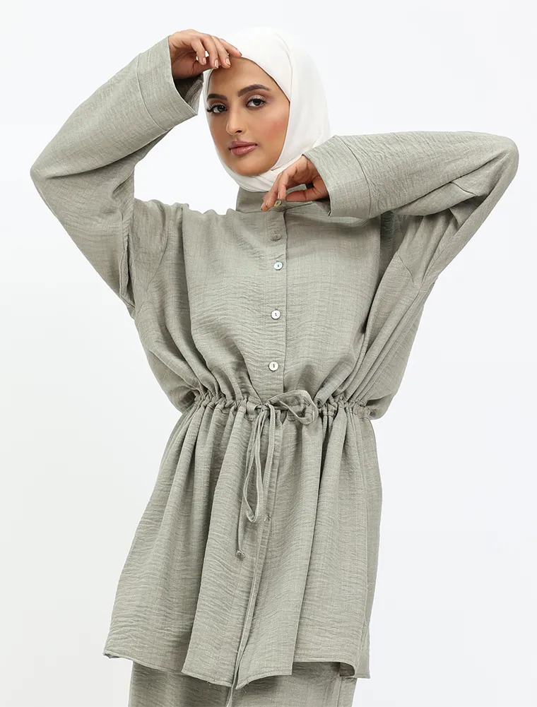 Khaki Linen Feel Drawstring Co Ord Set